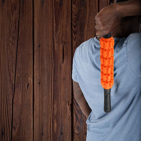 Massage roller with handle, trigger point self-massage, muscle fascia roller orange