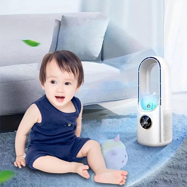 Mobil luftkøler - Ventilator - Tårnmodel - Bladløs ventilator - Energieffektiv luftkøler - Bladløs bordventilator med LED-belysning - Indbygget