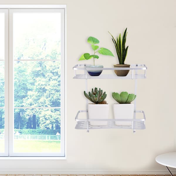 Double Layer Aluminum Wall Mounted Storage Shelf with 2 Hanging Hooks Bathroom