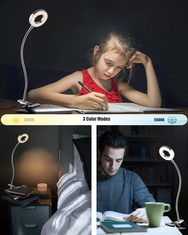 LED Leselampe, 3 Moduser 10 Dimmenivåer, Fleksibel Klemmelampe
