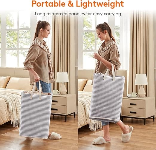 72L Grey Striped Laundry Hamper, Foldable Waterproof Fabric, Large Capacity