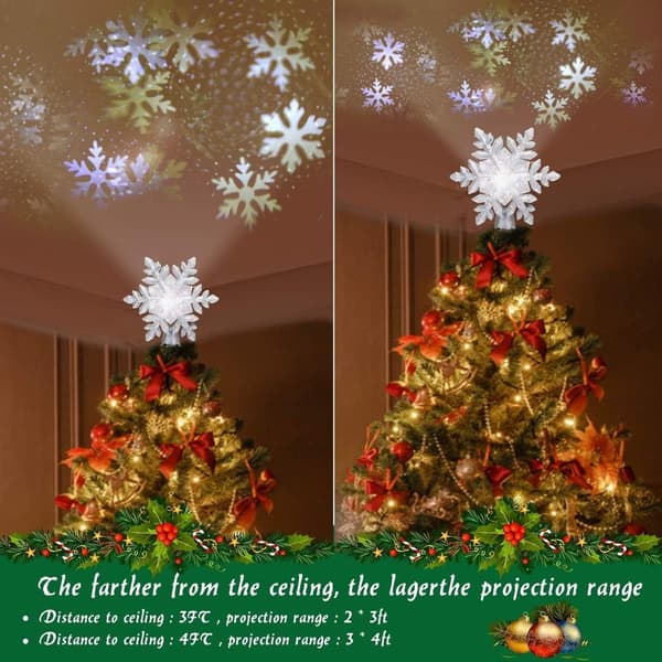 Silver Snowflake LED Projector Christmas Tree Topper, Glittering Christmas Tree