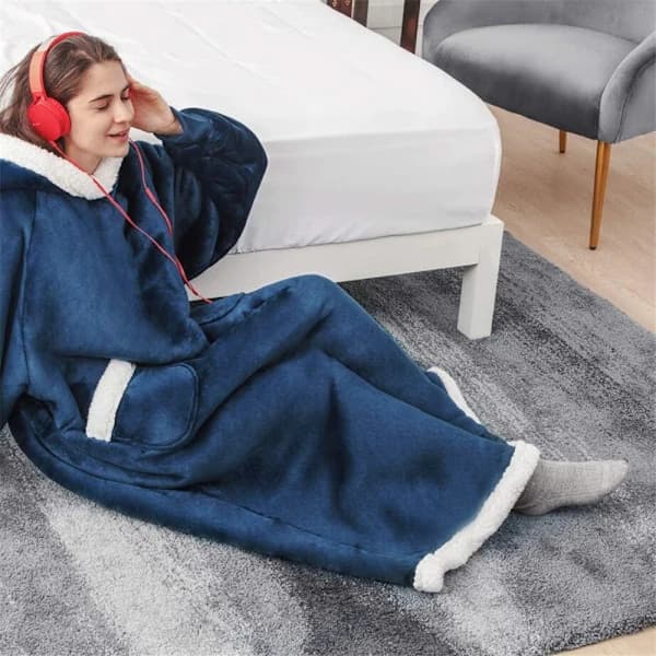Pyjamas Oversized Hooded Filt Sweatshirt Ultra Plysch Varm Pullover Blå