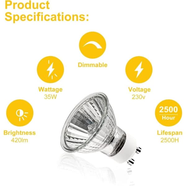 GU10 35W Light Bulbs, GU10 Halogen Bulbs, AC 230V 35W Spotlight, GU10 Halogen 2-Pin Halogen Bulbs 35° Beam Angle 2700K Dimmable Warm White, 6-pack