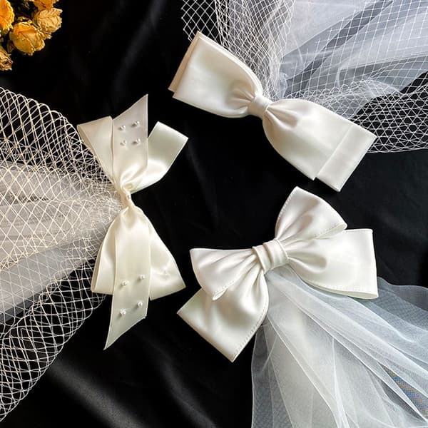 White Bow Double Layer Wedding Veil with Clip Wedding Bridal S Style1 KLB