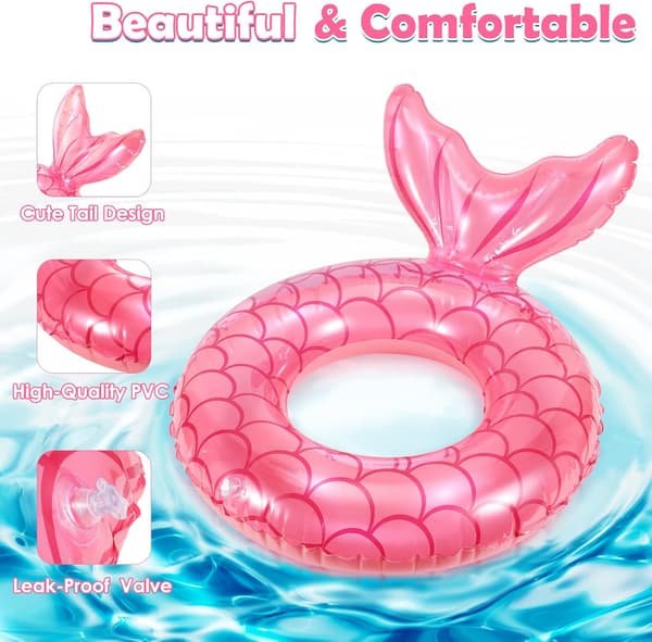 Pink Fishtail Inflatable Swim Ring, Pool Float, Water Fun Beach Party Pool Toy
