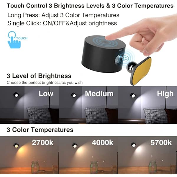 Genopladelig Magnetisk LED Væglampe med Touchkontrol & 360° Rotation [JUN]