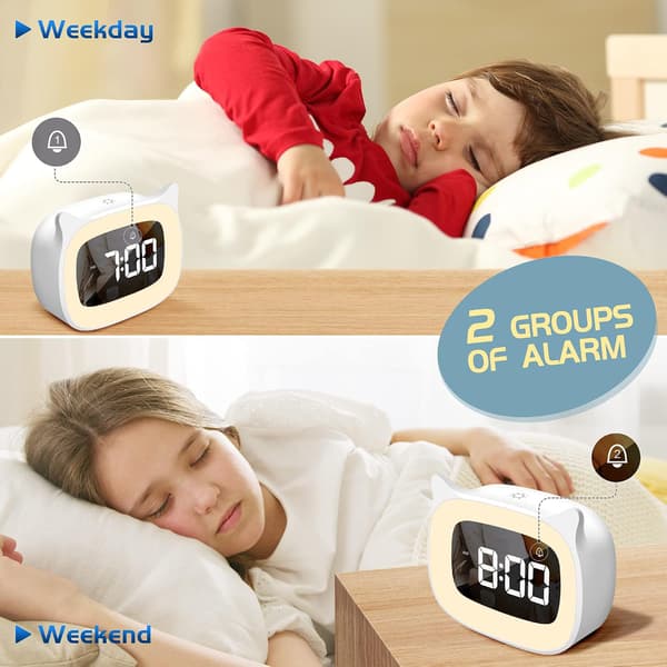 Kids Alarm Clock with Night Light & 18 Ringtones, Rechargeable, Stylish