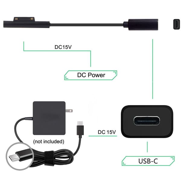 Type-C USB-C DC 15V hunn til Surface Pro3 Pro4 Pro5 Pro6 Book Pro ladekabel svart