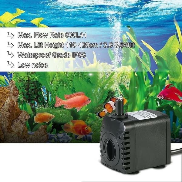 Dykpumpe 600l/t 8w til akvarier springvand damme hydroponiske systemer 2 dyser