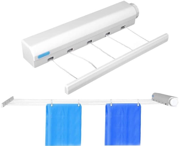 Retractable Clothesline Wall Mounted Drying Rack With 4 Lines Automatic Retraction 3.2m Space Saving For Indoor Outdoor Laundry White