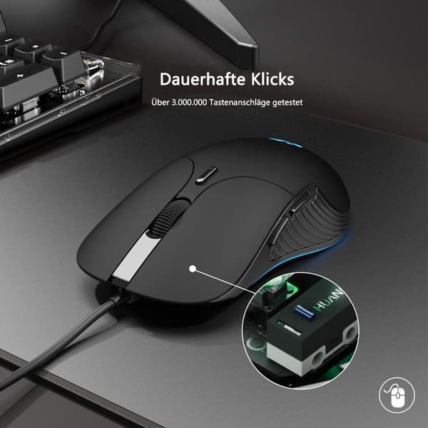 inphic PC-mus med kabel, stille klikk, 4800DPI justerbar og 6 knapper,