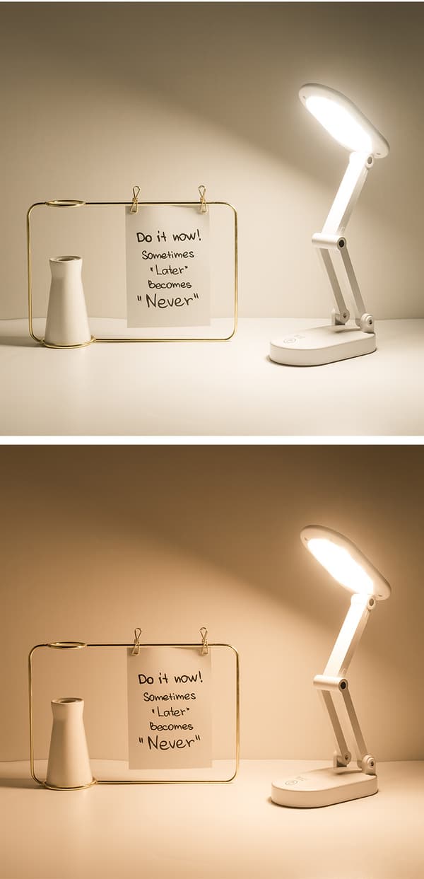 Rosa LED-bordlampe med sammenleggbar arm, doble moduser og tre lysfarger