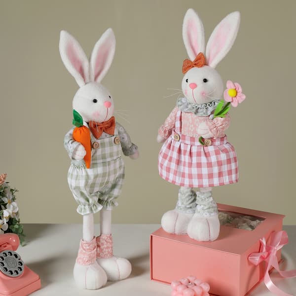 Retractable Long-Legged Easter Bunny, Plush Dwarf with Easter Egg as a Decorative Ornament. Pink pink