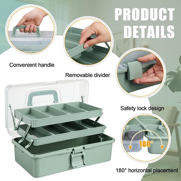 Craft Organizer Box with 3-Layer Foldable Trays, Adjustable Dividers and Handle for Sewing, Makeup and Medicine, Green 33x18x14cm Green Green