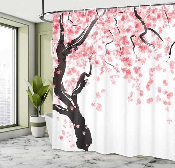 Blomstrete dusjforheng, kirsebærtre, baderomsdekor i stoff