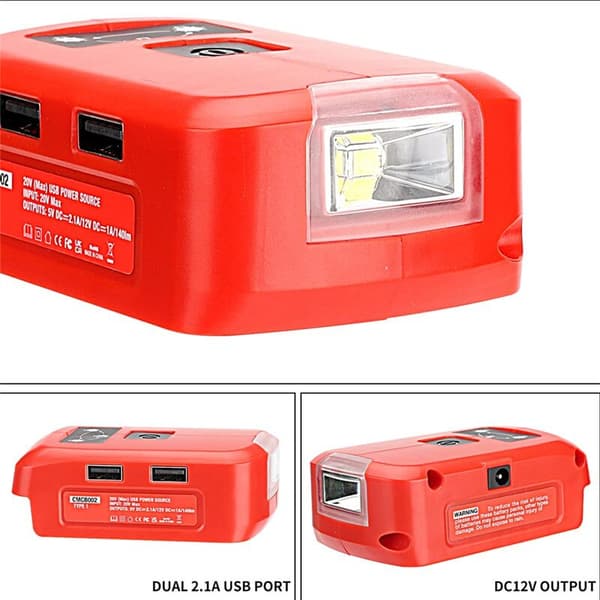 Batteriadapter til V20-batteri USB-oplader, LED-arbejdslampe med dobbelt USB-oplader og 12V-port