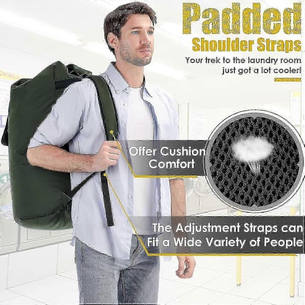 Laundry Bag Extra Large Heavy Duty, 115L Laundry Backpack, Sturdy Laundry Bag with Straps, Army Green Laundry Bag for College, Top Load