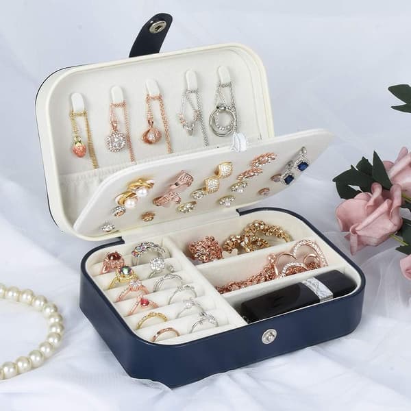 Faux Leather Jewelry Box, Double-Layer, Blue and White, for Necklaces, Earrings, Rings