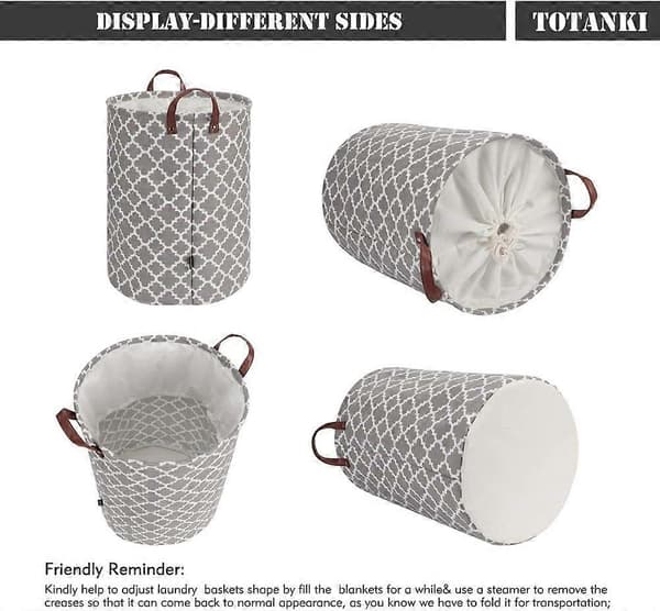 60L Large Laundry Basket with Durable Leather Handle, Thickened Waterproof Drawstring Round Foldable Laundry Hamper (Grey, L)
