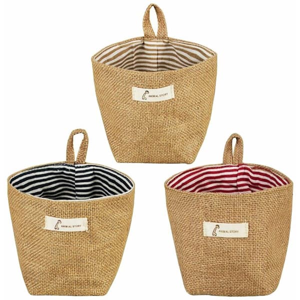 3-pack Hanging Cotton Storage Basket, Foldable, Storage Bag, Waste Bin for Wall Door Wardrobe (Striped)