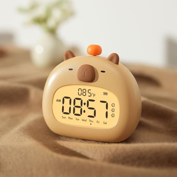 Drop-thread alarm clocks for bedroom, simple digital clock with loud beeps, cute capybara night light dimmable, children's alarm clock, boys