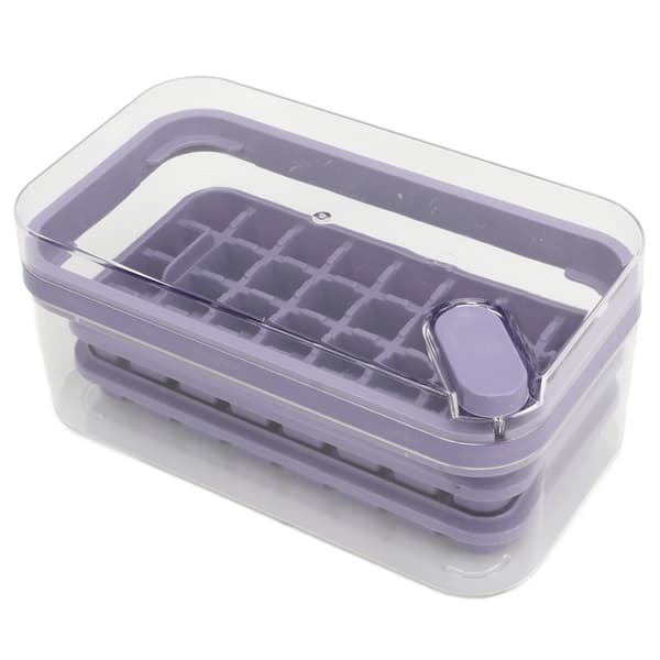 Ice Cube Tray 32 Compartments Double Layer Easy Release Ice Maker Mold with Container Lid for Cocktail Whiskey Coffee Purple
