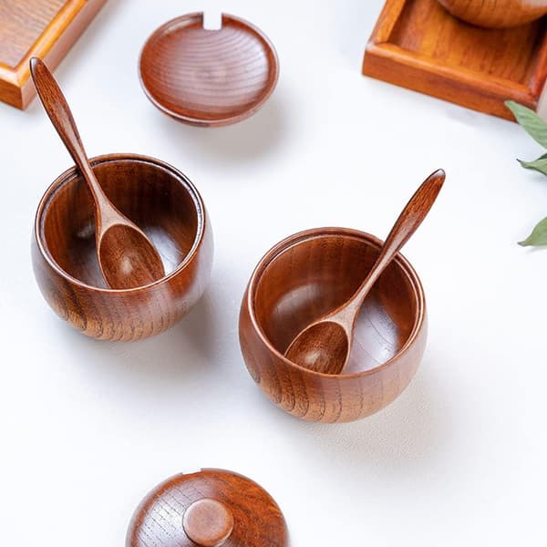 Natural Solid Wood Spice Jar Set with Wooden Base Large Spice Jar Salt Box Pepper Container Sugar Bowl with Spoon and Lid for Storage