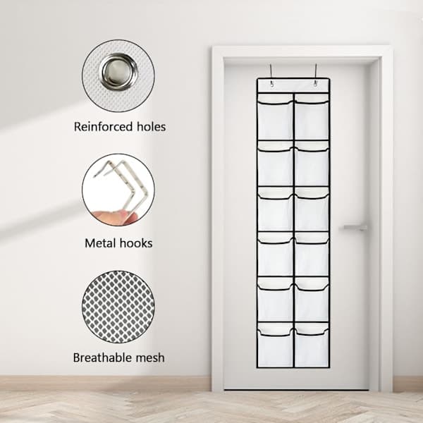 White storage shelf with 12 large mesh pockets, 2 hooks for storing small tools in kitchen, bedroom, bathroom, wardrobe
