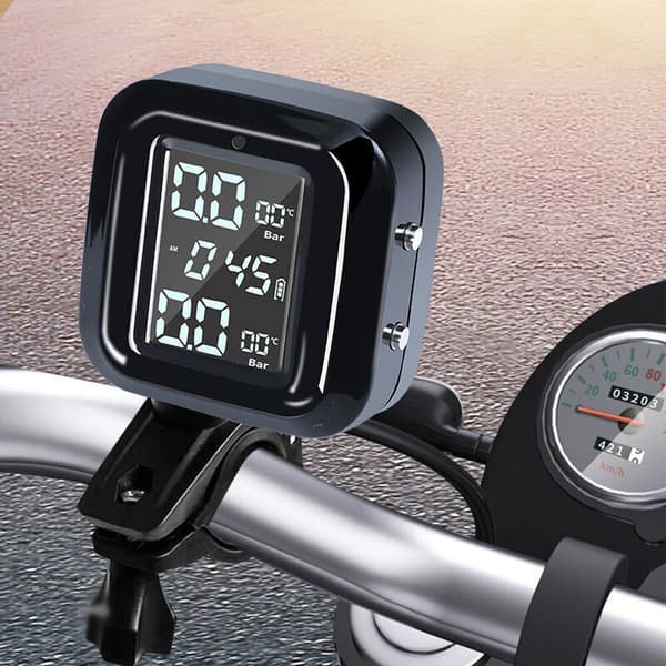 Wireless Motorcycle Tire Pressure Monitoring System TPMS with USB Charging, 2 External Sensors and Digital LCD Display