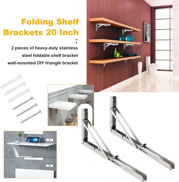2 stk. 300 mm vægmonterede foldbare konsoller i rustfrit stål, foldbare konsolholdere til tunge foldbare hyldekonsoller, fold