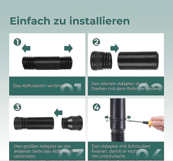 Fleksibel nedløbsrørsforlænger, kompatibel med 80/100 mm nedløbsrør, PE-materiale, justerbar 47-150 cm, til regnvandsafledning, 1 stk.