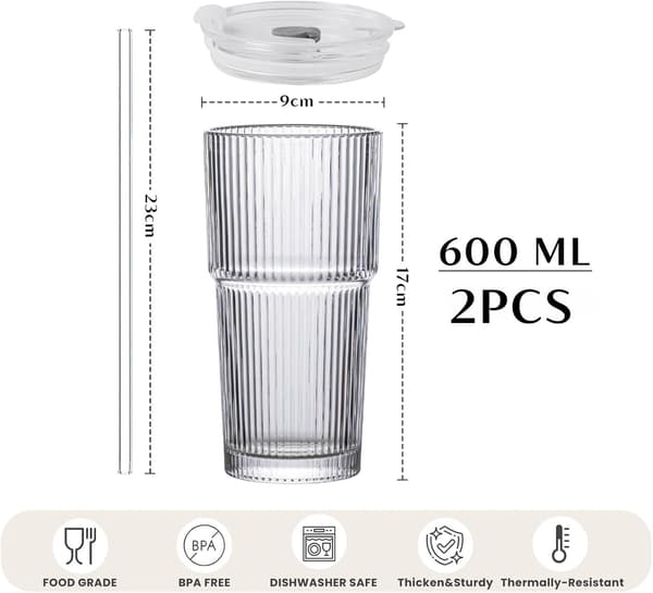 2-pak 600 ml riflede glaskrus med låg og sugerør i glas, kaffekop