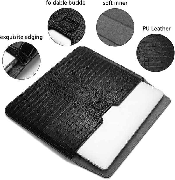 Laptop Sleeve til 15-tommer computer, krokodillemønstret PU-læder flip-etui, sort