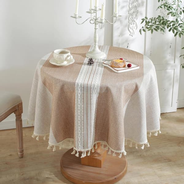 Round Tablecloth, Wrinkle-Resistant Polyester, with Tassels, Decorative, Brown, 140 cm Diameter.