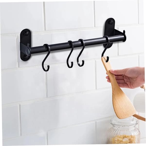 Wall Mounted Pot Rack, 12 Inch Aluminum Kitchen Rail with 4 Hooks, Rustproof Utensil Holder for Pans and Pots, Black