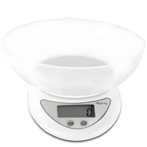 High-Precision Electronic Kitchen Scale, LCD Display, 5 kg Load, 800 ml Bowl Capacity, 5 Units and Tare Function, White