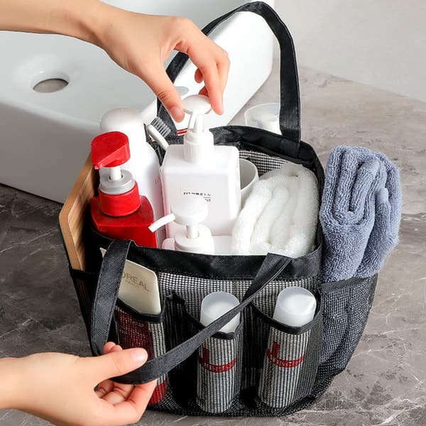 Mesh Shower Caddy, 2 Pack Black, 8 Pockets, Hanging for Dorm, Gym, Beach, Camping