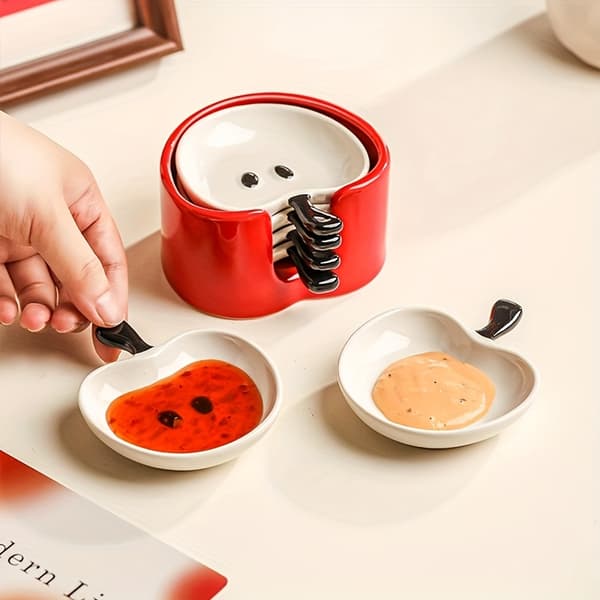 Ceramic Apple Snack Plate with Collector, Cute Apple-Shaped Dip Bowl for Home Decor