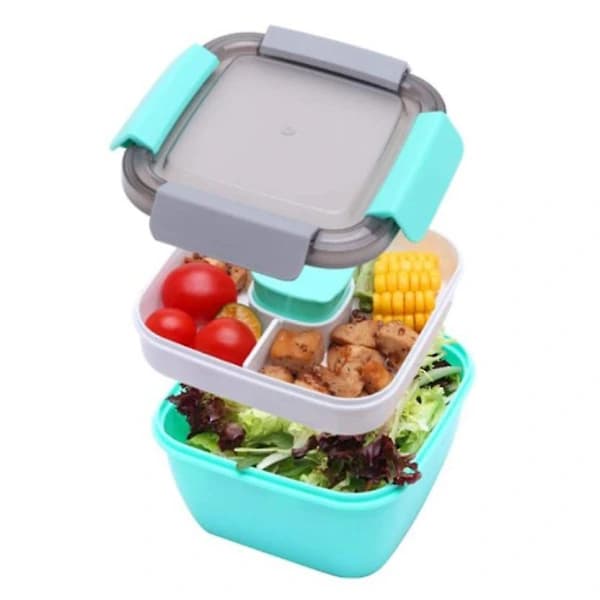 Leakproof Bento Lunch Box with Dressing Container, 3 Compartment Salad Container for Work and School, Green 1500ml Green Green