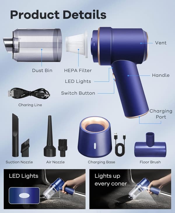 Mini handheld vacuum cleaner cordless with blowing function/LED light, mini vacuum cleaner rechargeable for car, home, office, keyboard