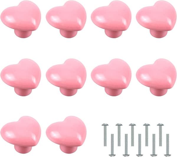 10 stk. dørknapper, hjerteformede håndtag møbelknapper rosa keramiske knapper til skabe skabe børneværelse