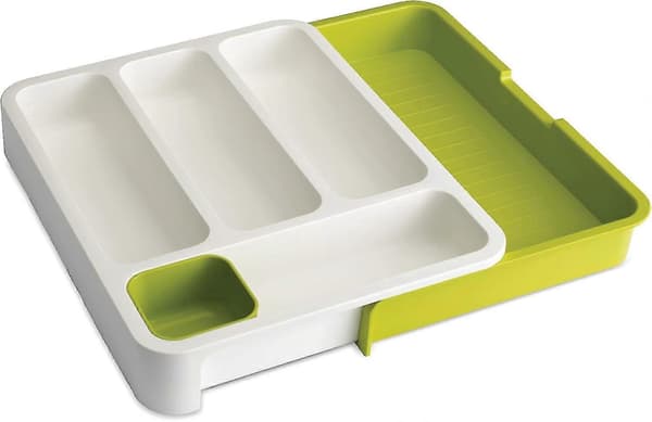 Expandable Cutlery Tray for Drawer, Adjustable Drawer Organizer - White/Green