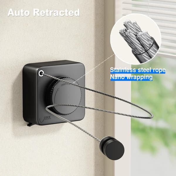 [LCS]ING Retractable Clothesline 4.2m Rolling Clothesline with Steel Core and Clothes Rack Drying Rack Clothesline Black