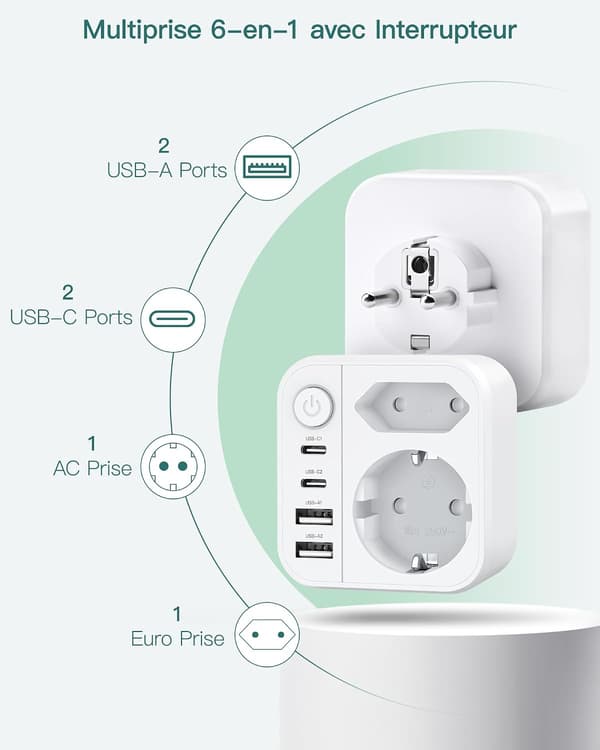 6-in-1 Power Strip, Power Strip with 2 USB A and USB C Ports, Wall Socket with Switch (4000W/16A), Dual Plug