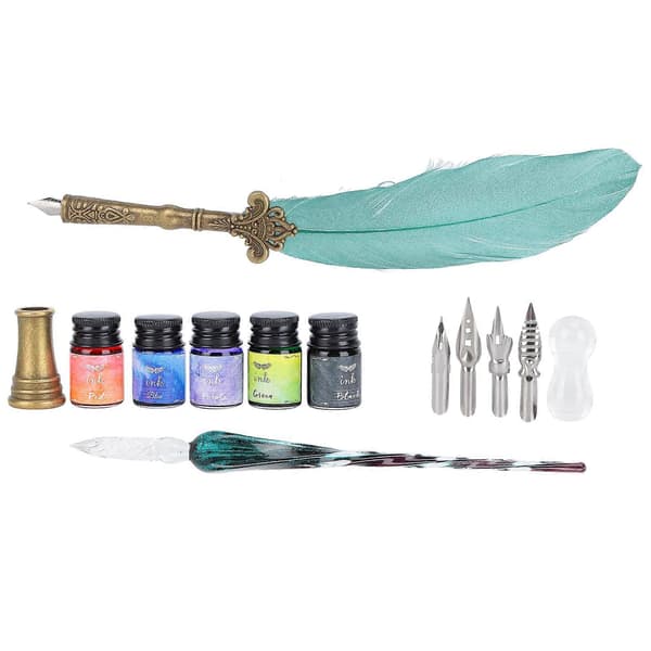 Calligraphy Pen Set Glass Ink Feather Fountain Pen with Replaceable Nibs Writing Gift Box KitSP118043 Pearlescent Dark Green