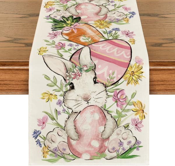 Table Runner with Rabbit, Eggs and Flowers for Easter, Seasonal Spring Kitchen Table Decoration 33x183 cm