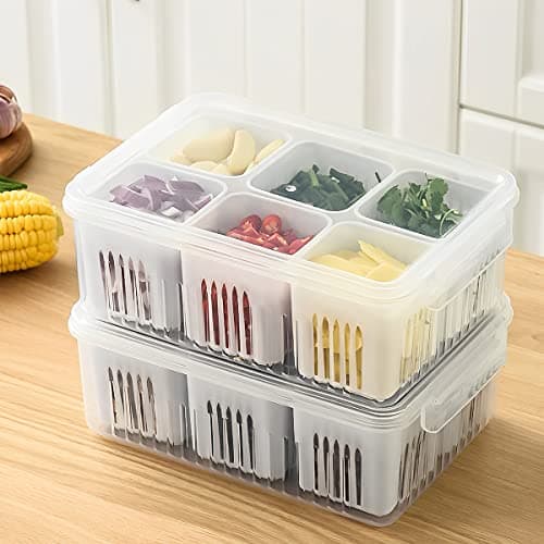 Fresh Produce Refrigerator Organizer with Lid and 6 Removable Drain Baskets for Fridge Storage (Clear) Translucent white six squares Translucent white six squares