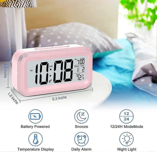 Battery-Powered Digital Alarm Clock, LCD Clock Electronic For Bedroom Home Office, With Date, Indoor Temperature Pink