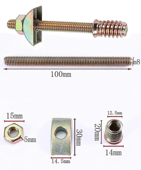 M8 X 100mm Møbelbeslag - 4-pak Halvmåneforbindelser, Afstandsskiver til Bord- og Sengemontering